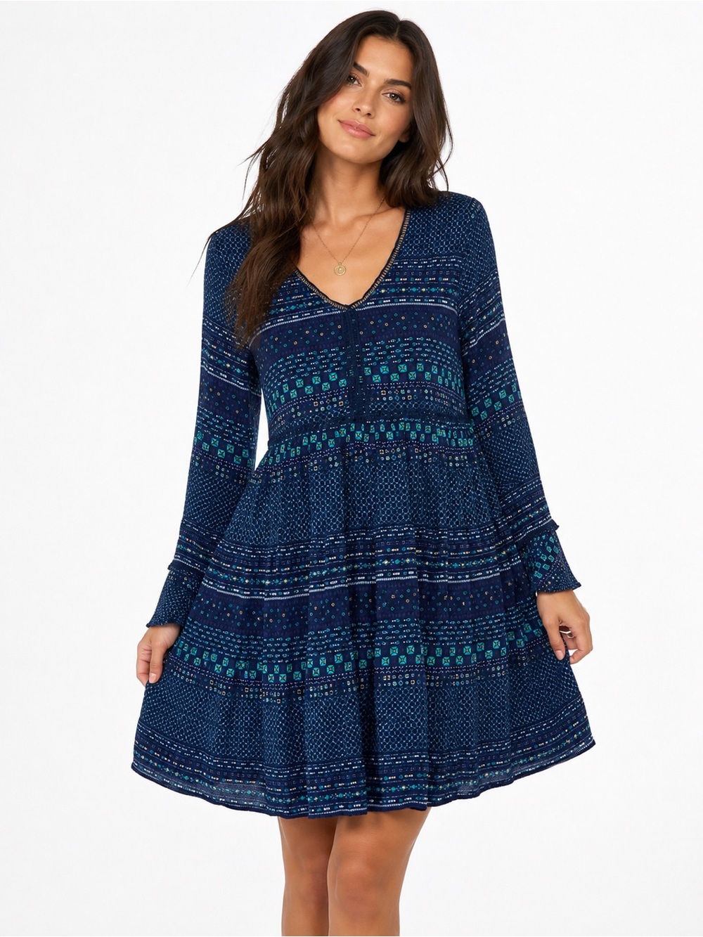 Sadie Robertson x Wild Blue Boho Mini Dress Women’s Long Sleeve Babydoll Rayon